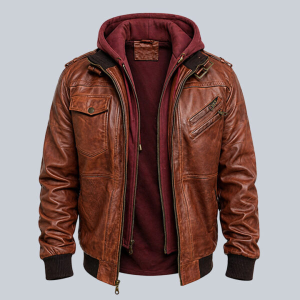 Men’s Brown Hooded Leather Bomber Jacket