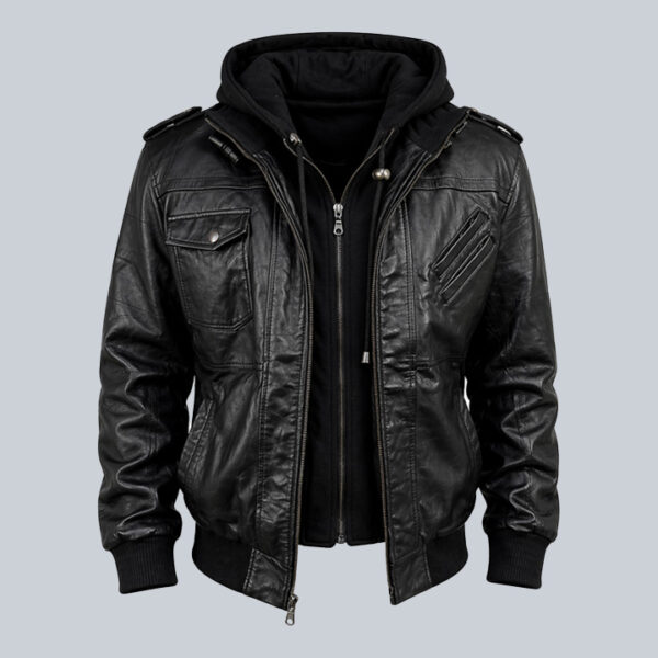 Men’s Black Hooded Leather Bomber Jacket