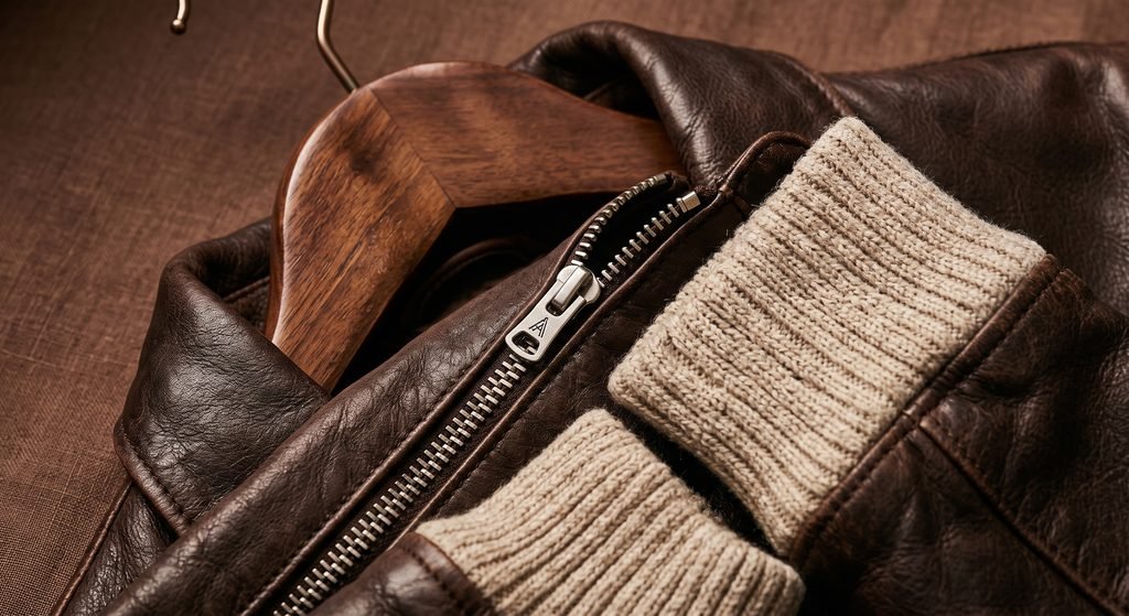Genuine leather bomber jacket layered over a wool jumper for winter