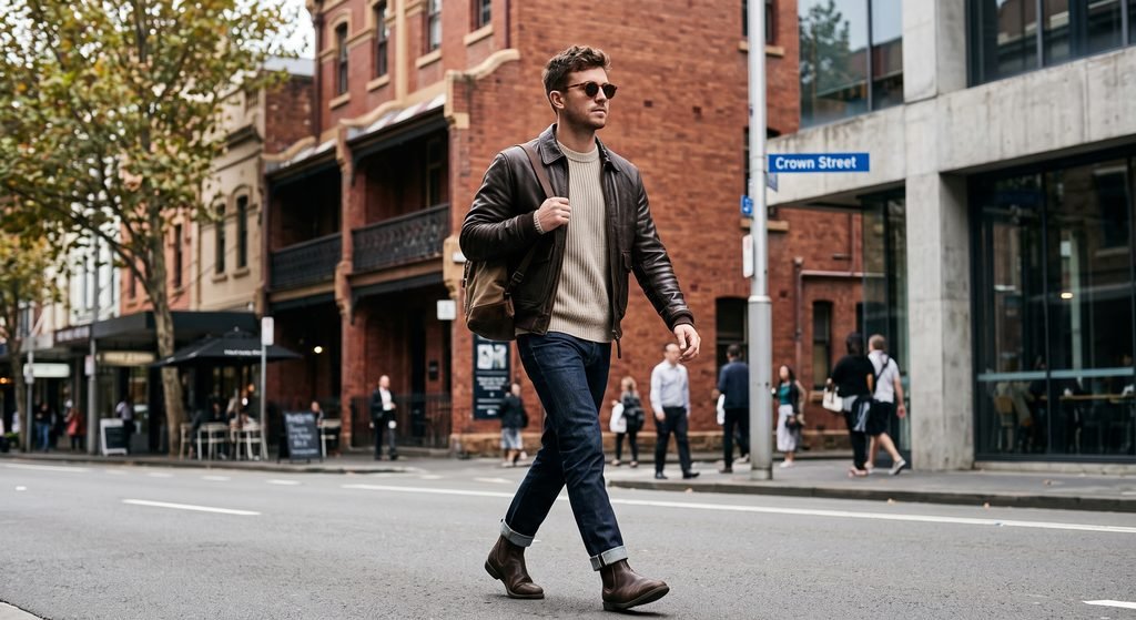 Mens leather jacket styled over denim for autumn in Australia