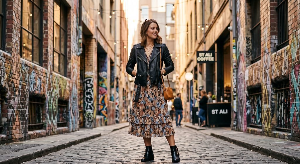 Womens leather jacket paired with a midi dress for spring styling